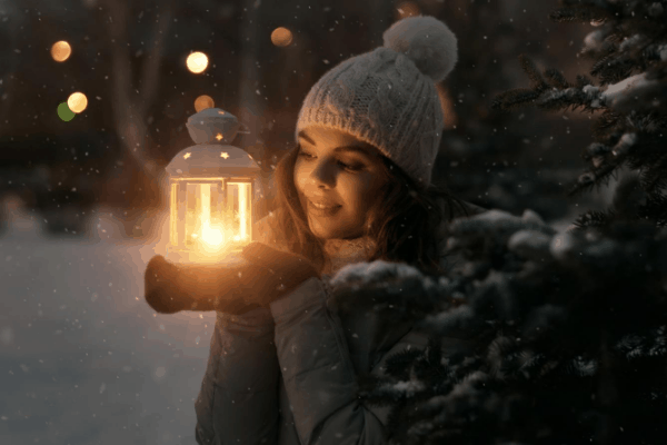 A girl gazes into a glowing solar lantern