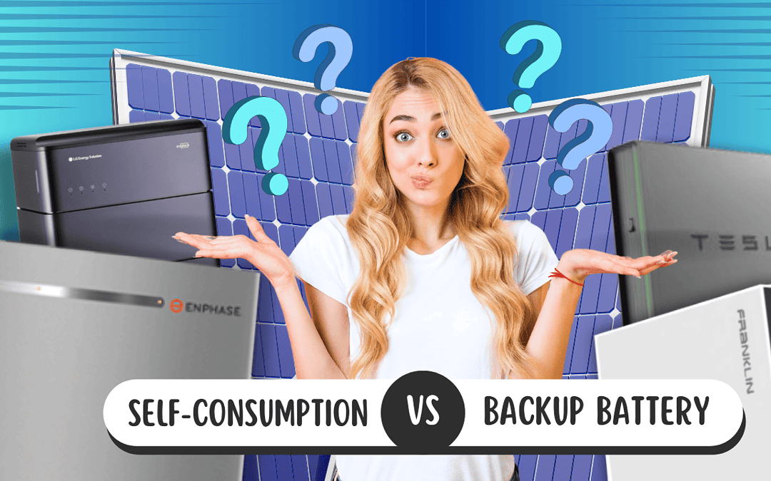 self-consumption vs backup battery, a woman with question marks and solar batteries and solar panels behind her