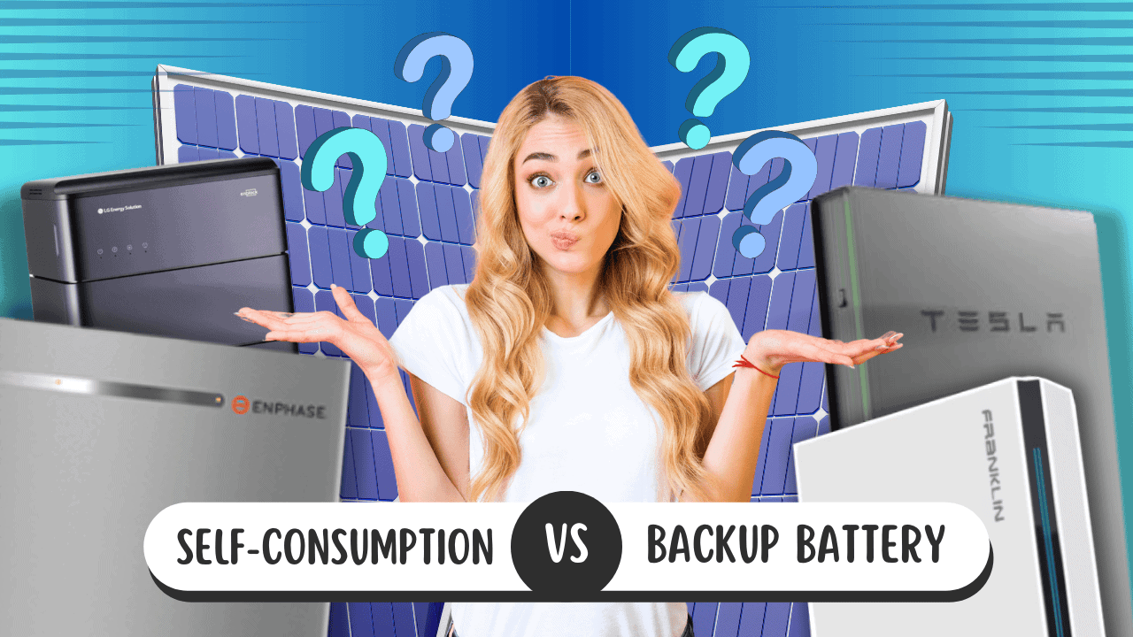 self-consumption vs backup battery, a woman with question marks and solar batteries and solar panels behind her